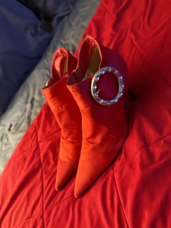 Red Satin Pointed Toe Heeled Mules with Decorative Buckle - Picture 2 of 6